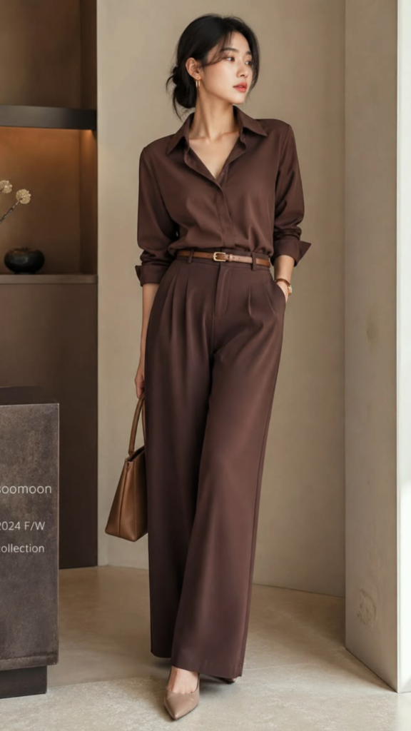 Woman wearing a monochromatic brown shirt and wide-leg pants with a brown handbag, belt, and pointed heels.