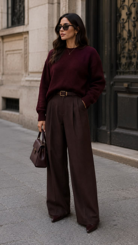 Woman wearing a burgundy sweater with chocolate brown wide-leg pants, dark handbag, sunglasses, and pointed shoes.