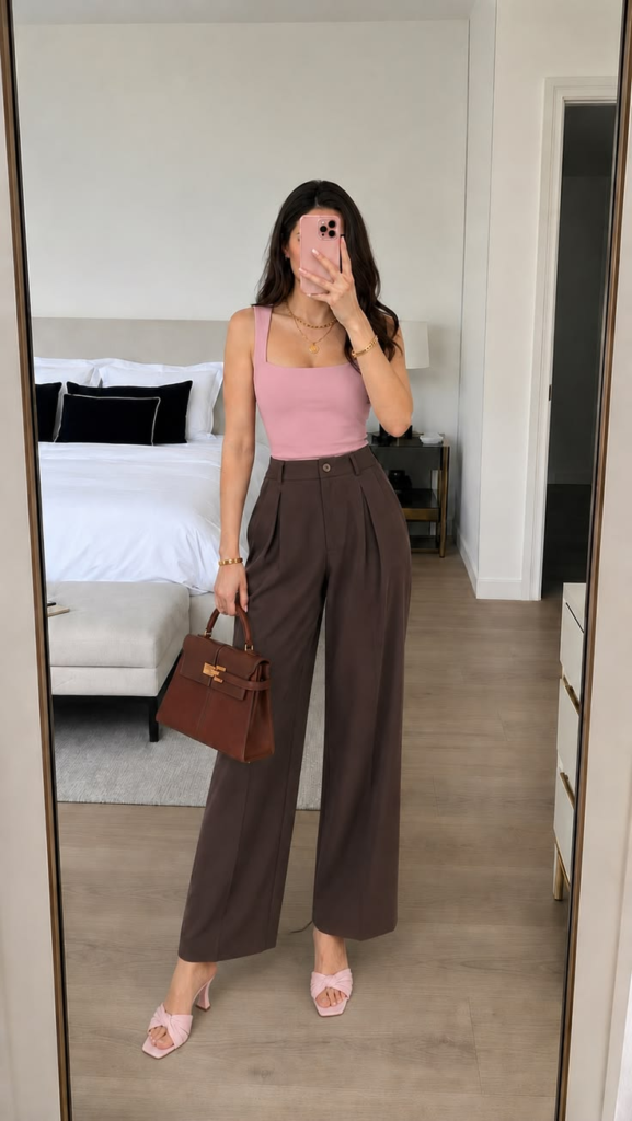 Woman wearing a pink fitted top with chocolate brown wide-leg pants, pink heels, brown handbag, and gold jewelry.
