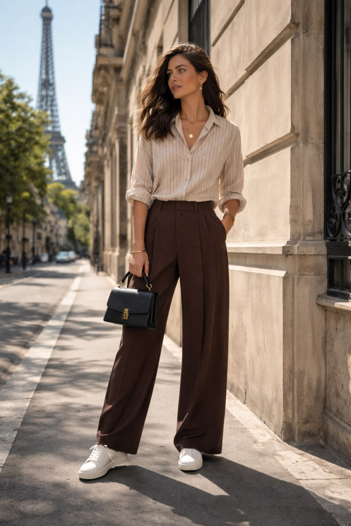 Woman wearing a beige striped shirt with brown wide-leg pants, white sneakers, a black handbag, and gold jewelry.
