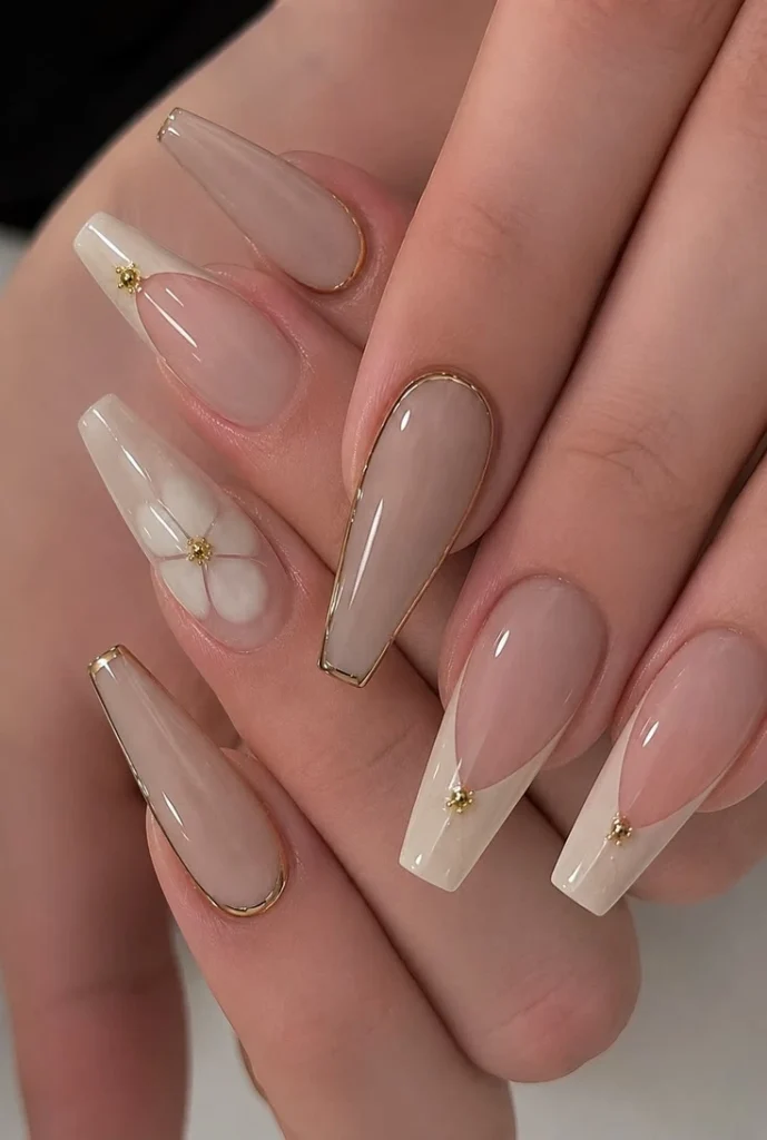 A close-up beauty shot of luxurious nail designs featuring long coffin nails in neutral tones with metallic gold borders, cream V-French tips, gold studs, and a 3D white flower accent.