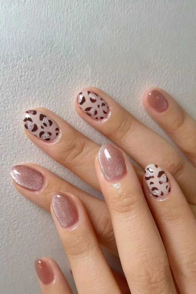 A close-up beauty shot of trendy and luxurious short nail ideas featuring short rounded nails with shimmering mauve cat-eye polish and sparkly brown-and-silver glitter leopard print accent nails.