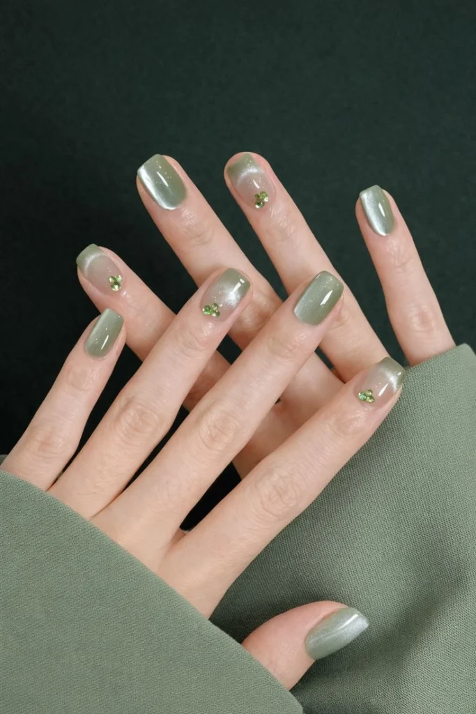 A close-up beauty shot of a luminous sage green cat-eye manicure on short squoval nails featuring tiny green crystal rhinestones near the cuticles, paired with a matching green sweater showing a beautiful short nail ideas.
