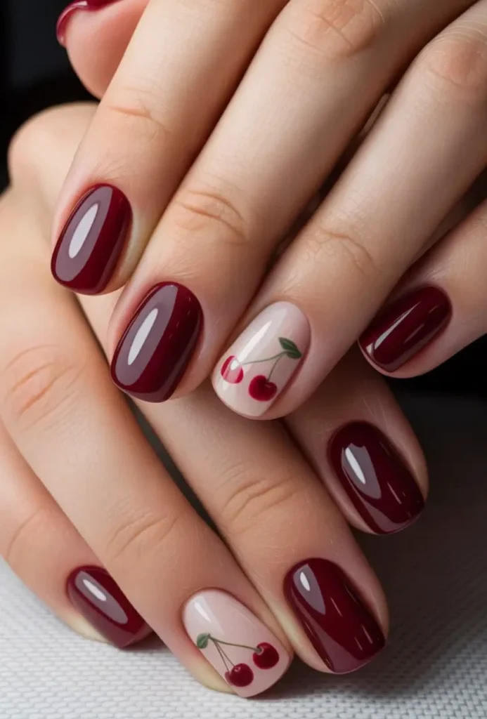 A close-up beauty shot of cute and playful short nail ideas featuring short oval nails with glossy deep burgundy polish and a milky nude accent nail with hand-painted red cherries.
