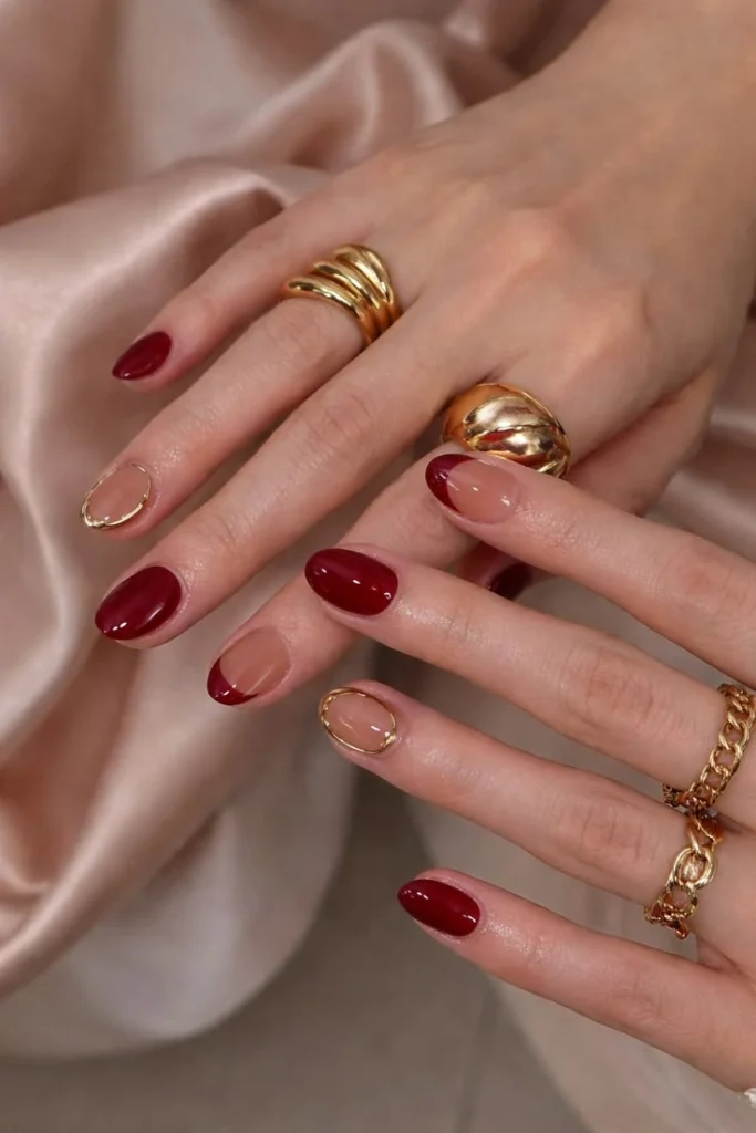 A close-up luxury beauty shot of trendy and luxurious short nail ideas featuring short oval nails with solid deep burgundy polish, burgundy French tips, and metallic gold halo outlines, styled with statement gold rings.
