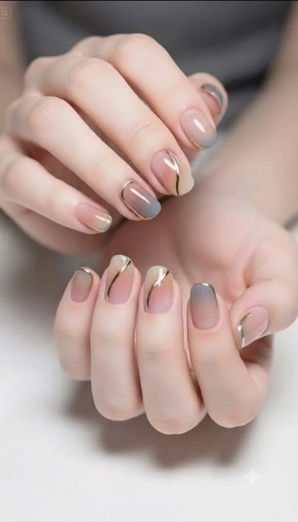 A close-up beauty shot of trendy and luxurious short nail ideas featuring short rounded nails with soft ombre gradient tones and delicate curved metallic gold line accents.
